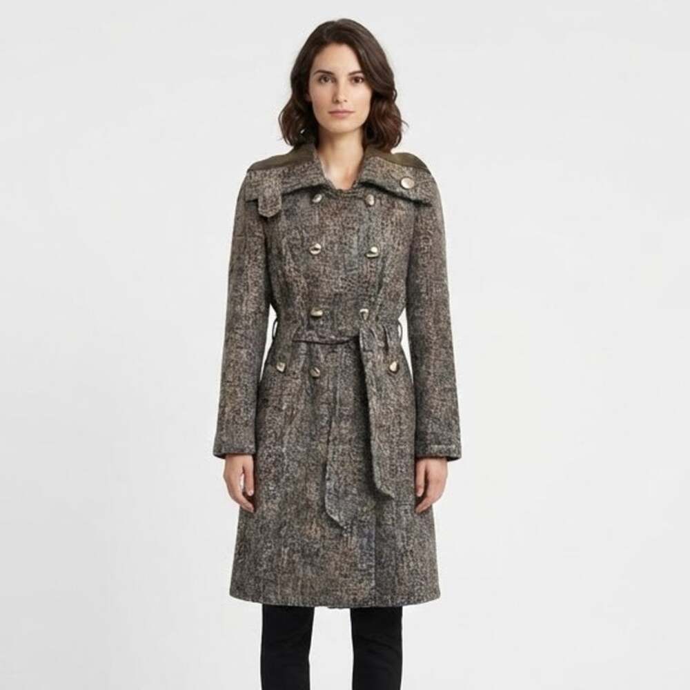 Calvin Klein Double Breasted Tweed Knit Collar Trench Coat Belted Taupe Brown 10